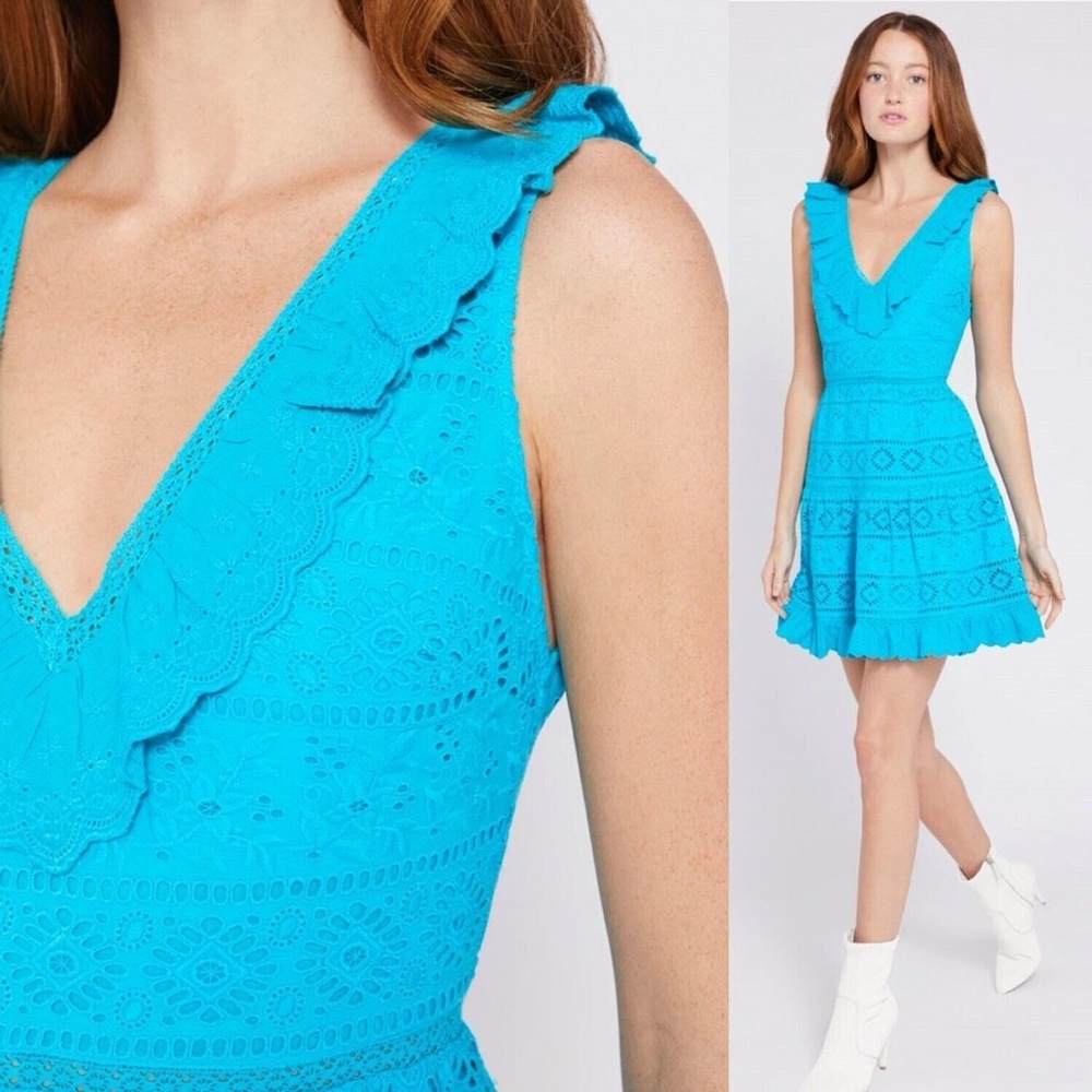ALICE + OLIVIA  Cantara Eyelet Cotton Mini Dress in Marine Blue NWT Size 8